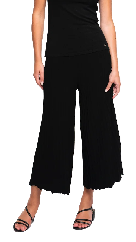 Giuliana Plisse-Look Cropped Wide Leg Pants; Black