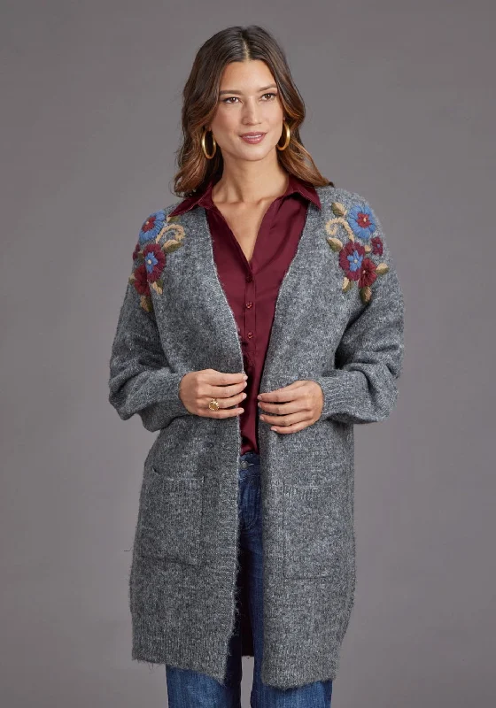 Stetson Womens Floral Embroidered Grey Acrylic Blend Cardigan Sweater