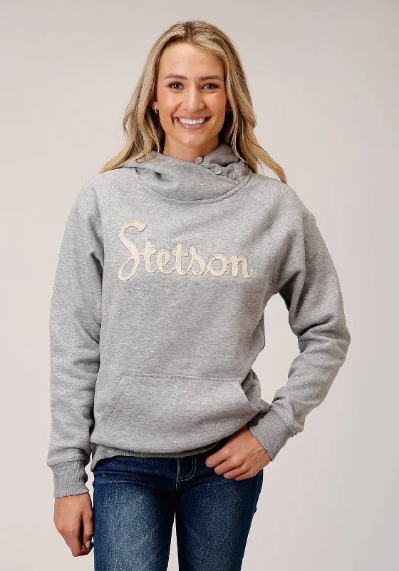 Stetson Womens Grey Cotton Blend 3 Button Applique Hoodie