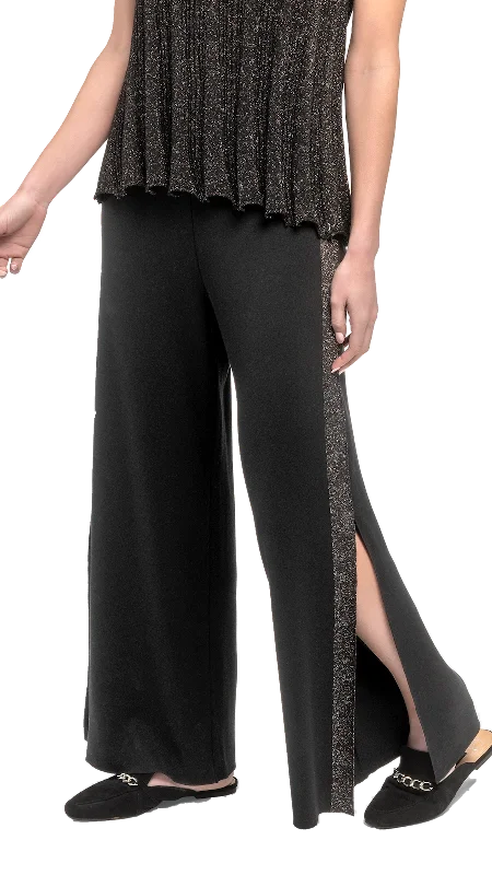 Tracey Wide Leg Milano-knit Pants with Shimmery Side Stripe and a Slit; Black/Black Shimmer