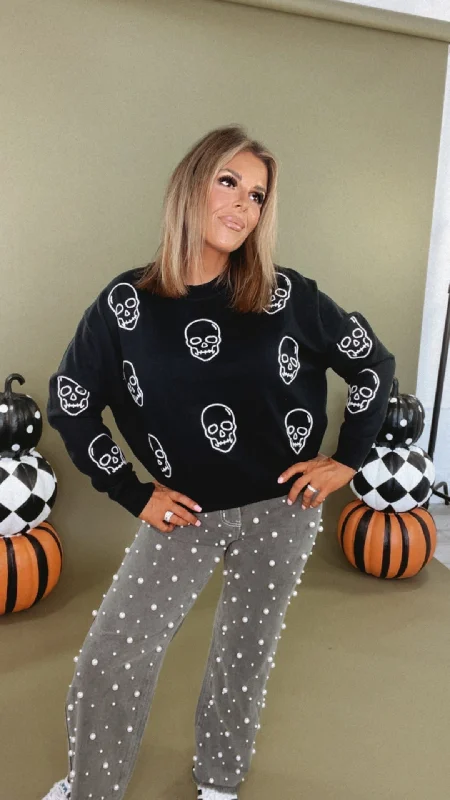 Embroidered Skull Sweater, Black