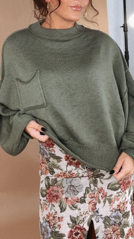 POL: Elevated Basic Balloon Sleeve Sweater, Green