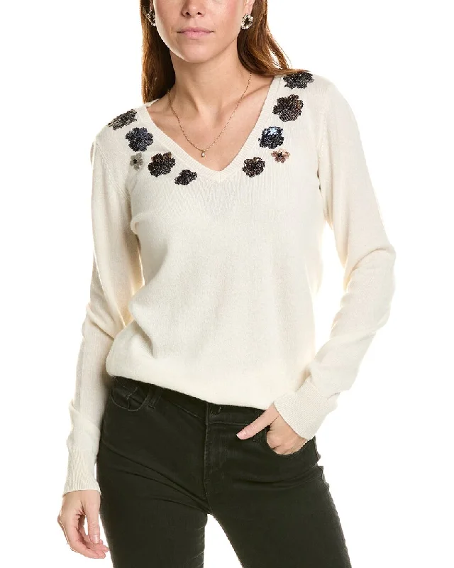 sofiacashmere Sequin Embellished V-Neck Cashmere Sweater