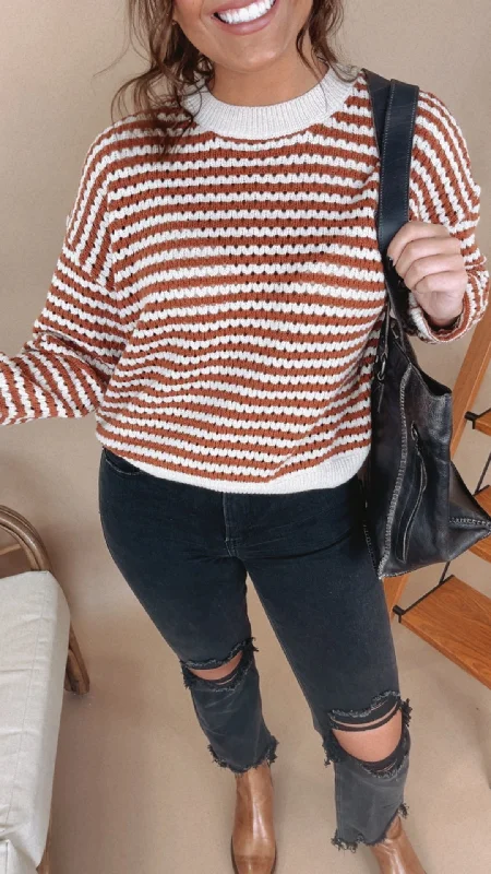 True Classic Striped Crochet Sweater, Rust