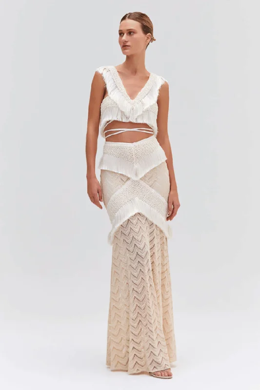 Fringe Trim Maxi Skirt Sandstone