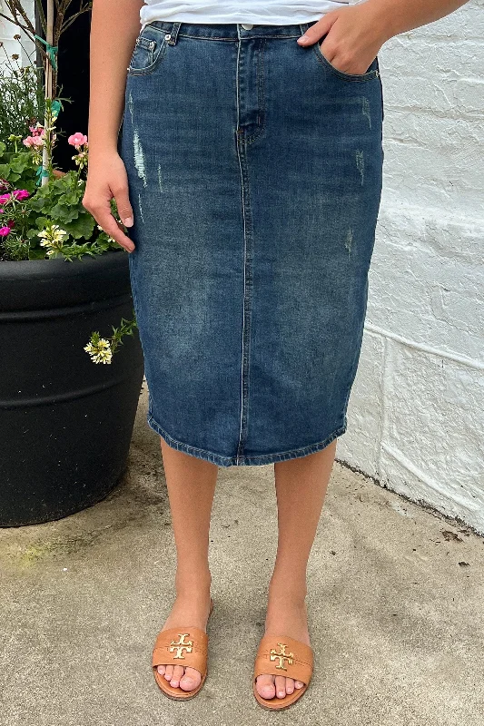 Piper Distressed Denim Skirt in Dk. Indigo (Final Sale)