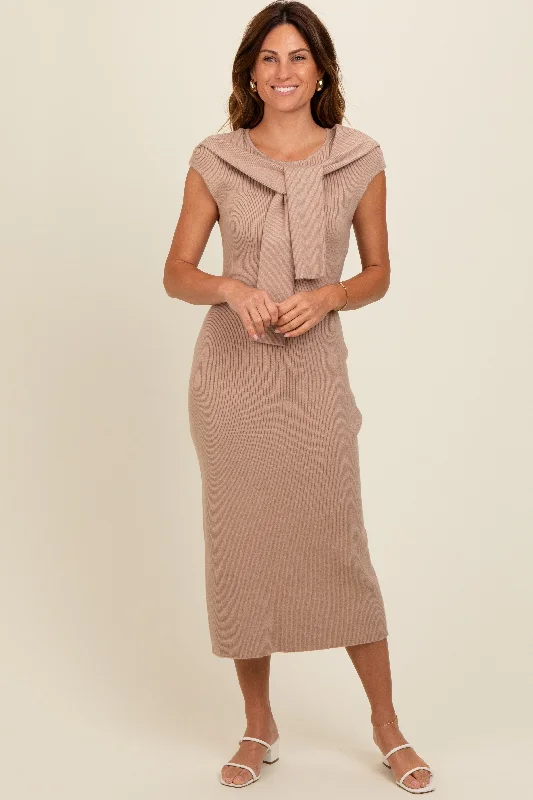 Beige Knit Sleeve Tie Detail Midi Dress