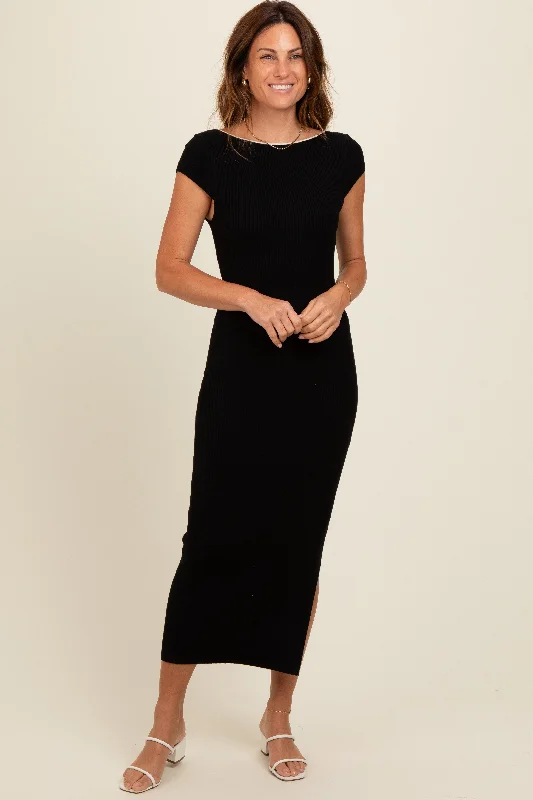 Black Knit Low Back Side Slit Dress