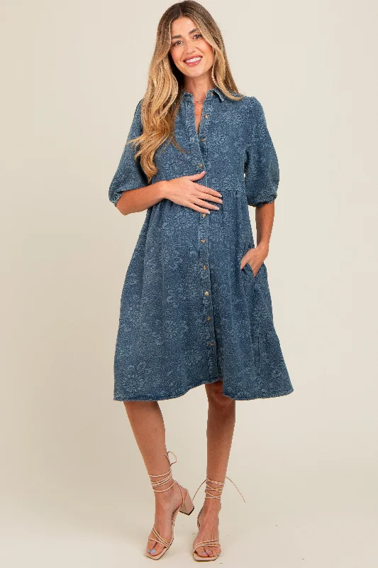 Blue Denim Button Front Short Puff Sleeve Maternity Dress