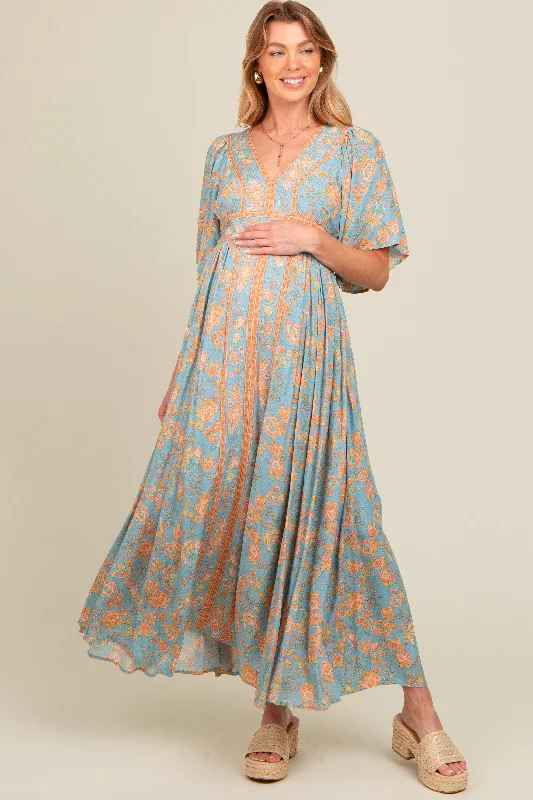 Blue Floral Border Print Flutter Sleeve Maternity Maxi Dress