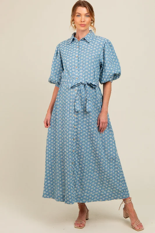 Blue Floral Embroidered Button Down Chambray Maternity Maxi Dress