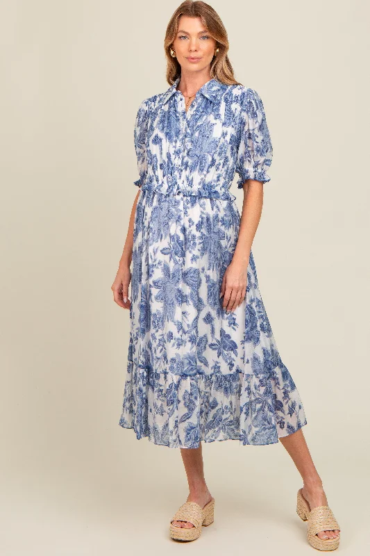 Blue Floral Ruffle Accent Button Up Maternity Midi Dress