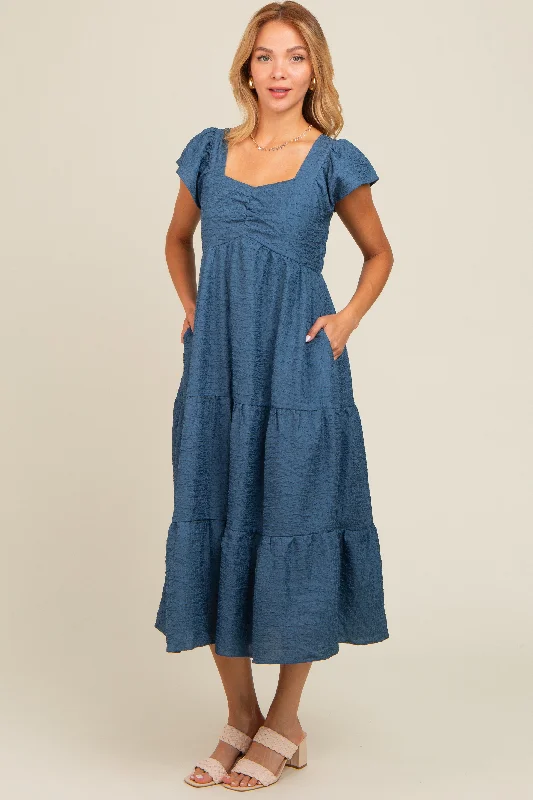 Blue Textured Sweetheart Neck Short Puff Sleeve Tiered Midi Dress