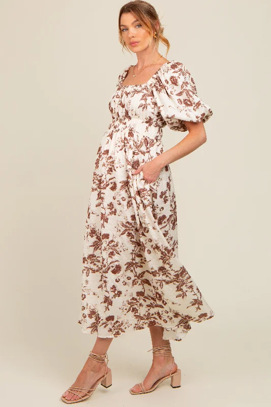 Brown Floral Puff Sleeve Maternity Midi Dress