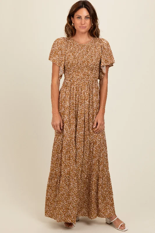 Camel Floral Smocked Flutter Sleeve Maxi Dress