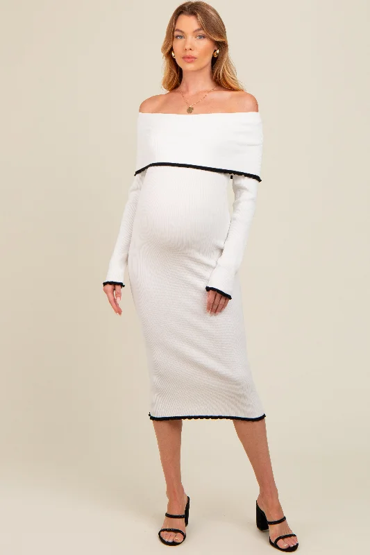 Ivory Knit Off Shoulder Contrast Ruffle Trim Maternity Dress