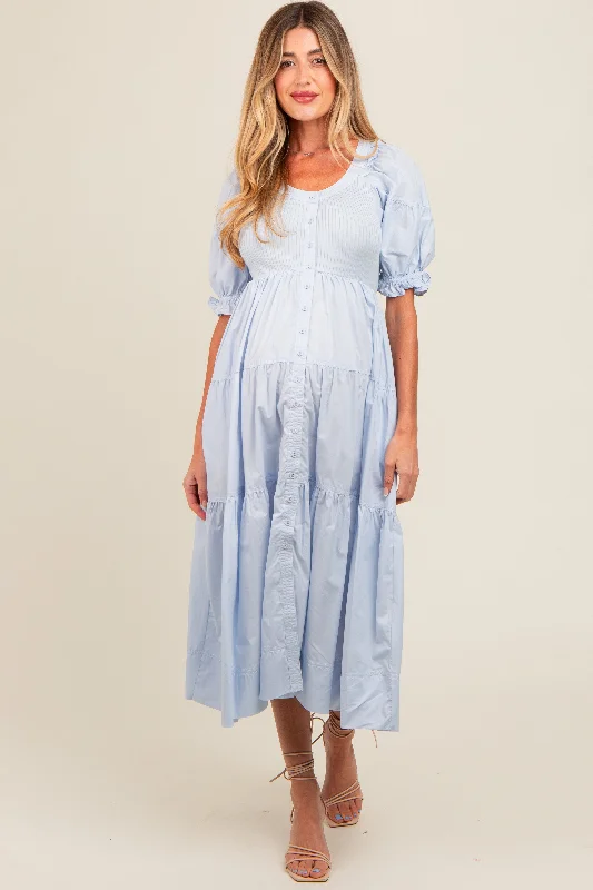 Light Blue Contrast Top Tiered Maternity Midi Dress