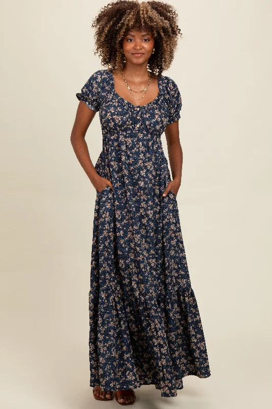 Navy Blue Floral Button Accent Maxi Dress