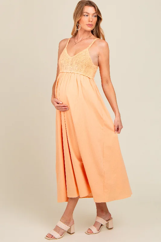 Peach V-Neck Crochet Top Maternity Midi Dress