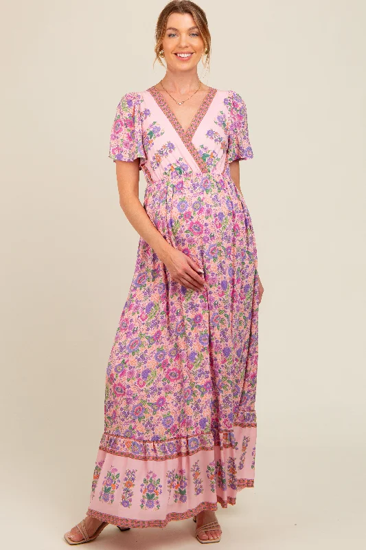 Pink Floral Border Printed Woven Short Sleeve V-Neck Maternity Maxi Dress