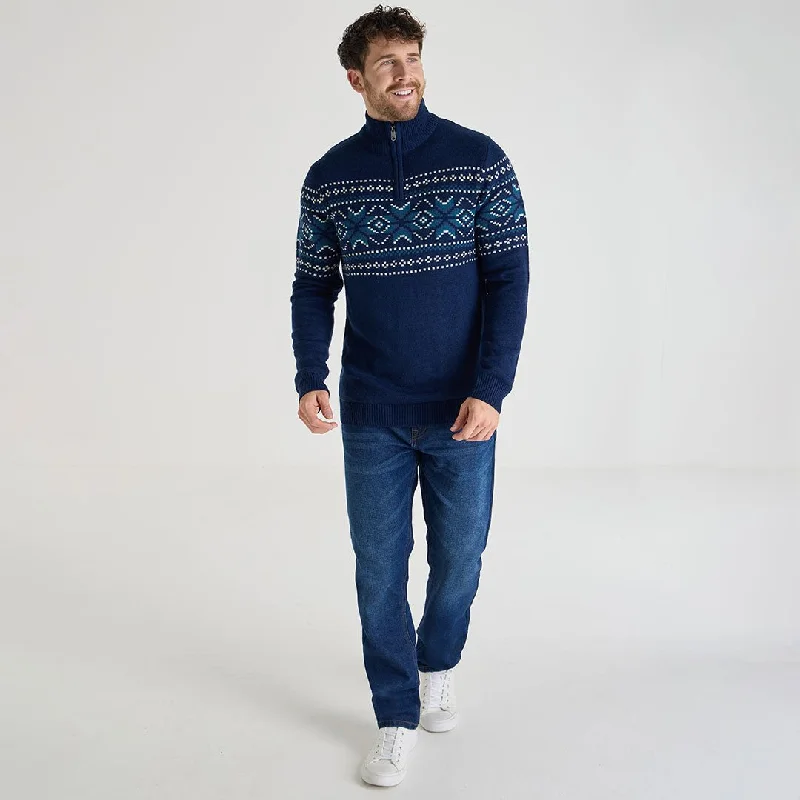 1/4 Zip Fair Isle Jumper - Navy