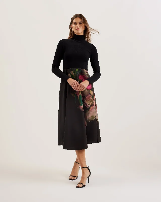 Asnes Knit Bodice Dress With Printed Wrap Skirt Black