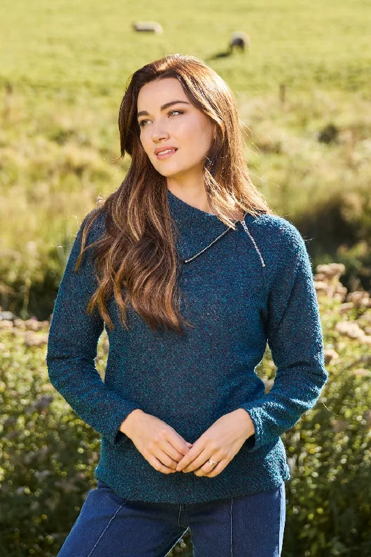 Boucle Zip Neck Top-Teal