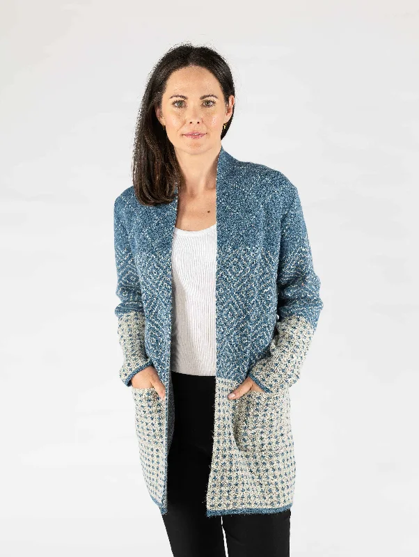 Teal Tile Pattern Cardigan with Pockets