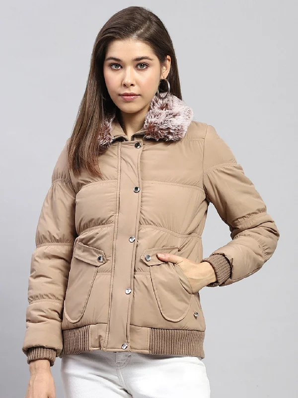 Women Beige Solid Collar Full Sleeve Jacket