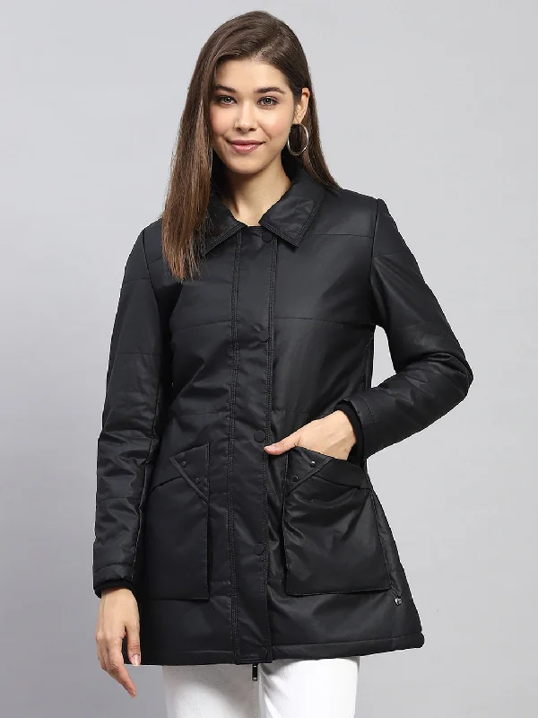 Women Black Self Design Collar Full Sleeve Jacket