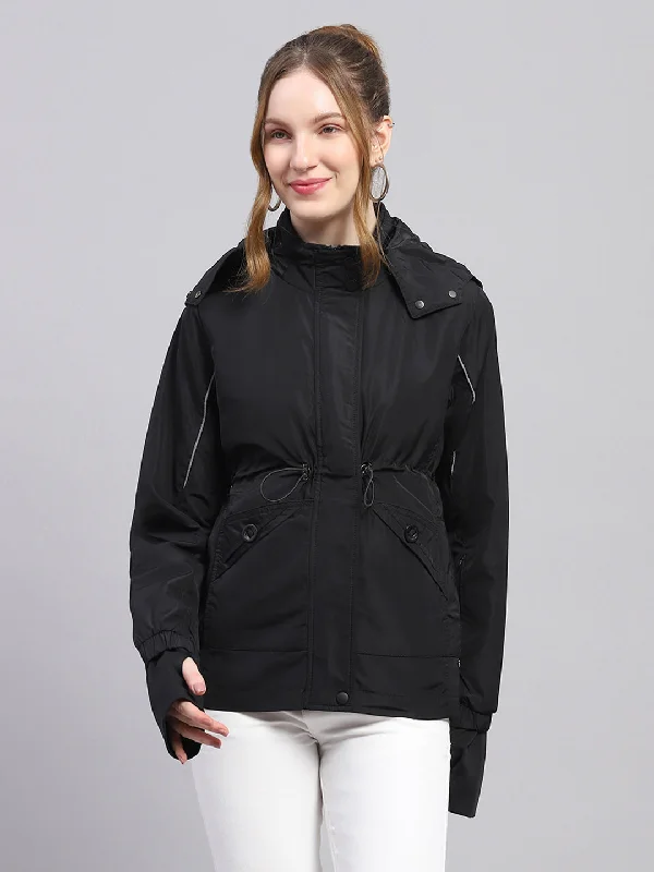 Women Black Solid Detachable Hood Full Sleeve Jacket