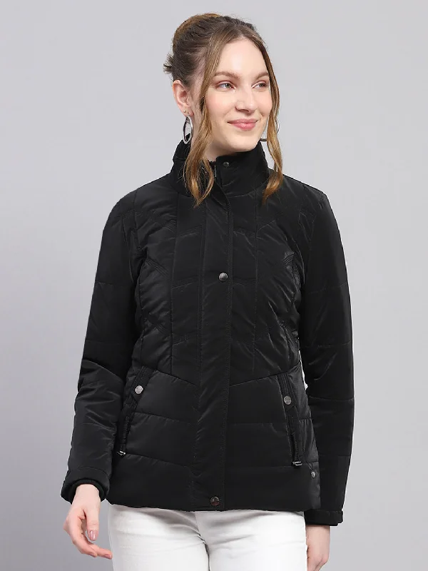 Women Black Solid High Neck Full Sleeve Jacket