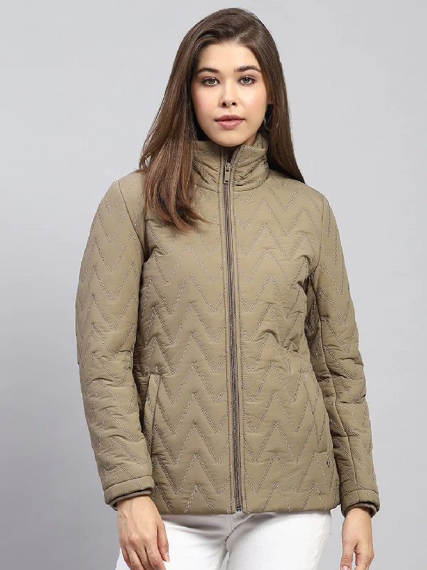 Women Khaki Embroidered Mock Neck Full Sleeve Jacket