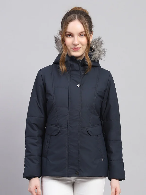 Women Navy Blue Solid Hooded Full Sleeve Jacket