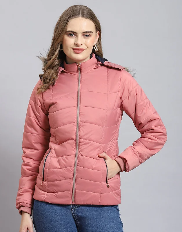 Women Pink Solid Hooded Full Sleeve Heating Jacket