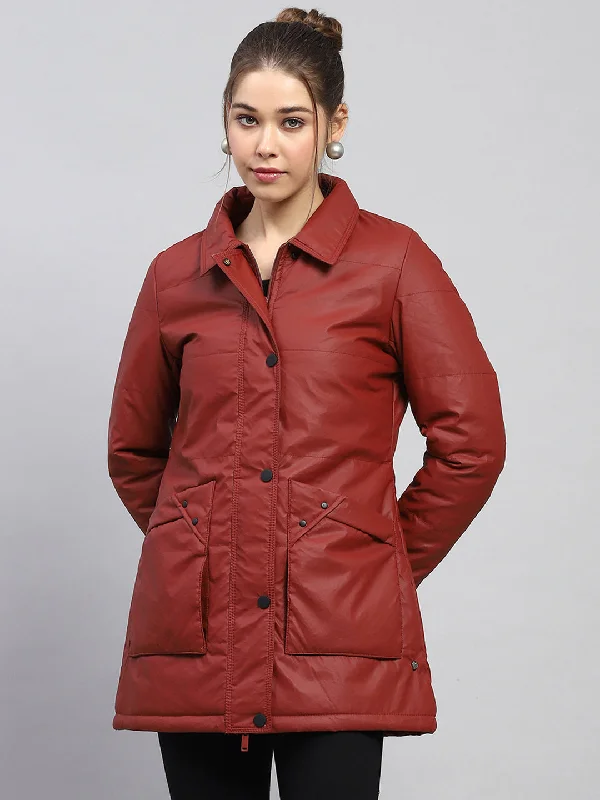 Women Rust Self Design Collar Full Sleeve Jacket