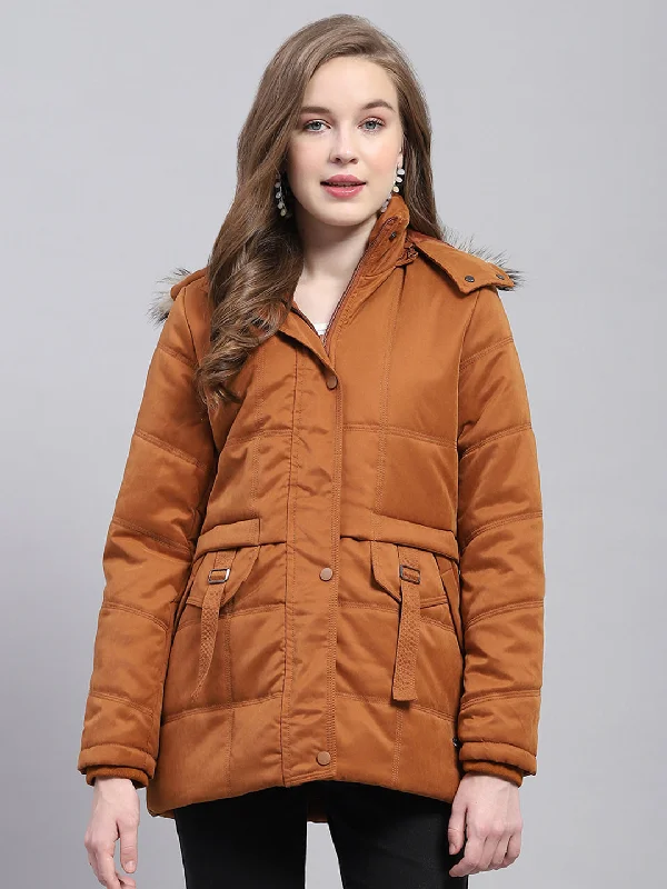 Women Rust Solid Detachable Hood Full Sleeve Jacket